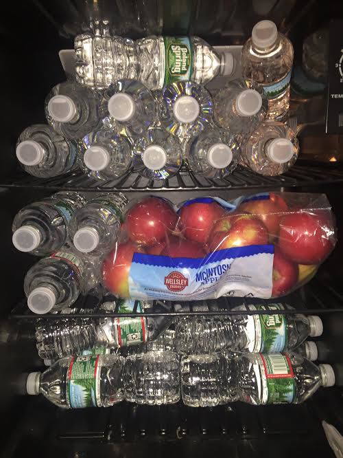 Eating healthy in college can seem impossible, but taking small steps like stocking your fridge with plenty of water and fruit can help.