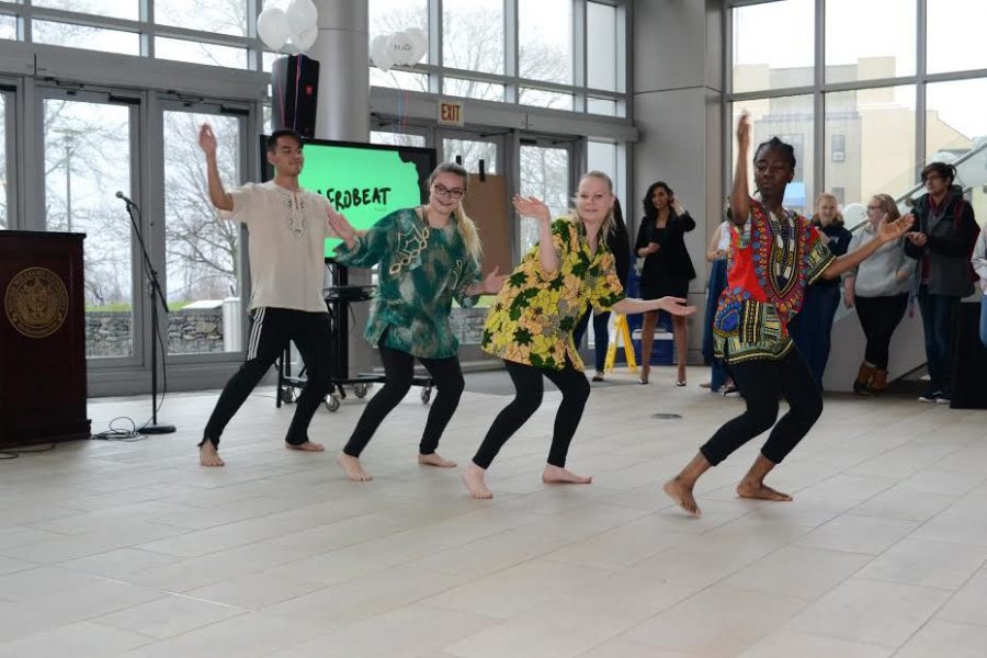 (right to left) Elfreda Hoff, Emily Gravino, Samantha Peck Dionne, and Virakchey Chung, executing their routine entitled Afrobeat Dance.