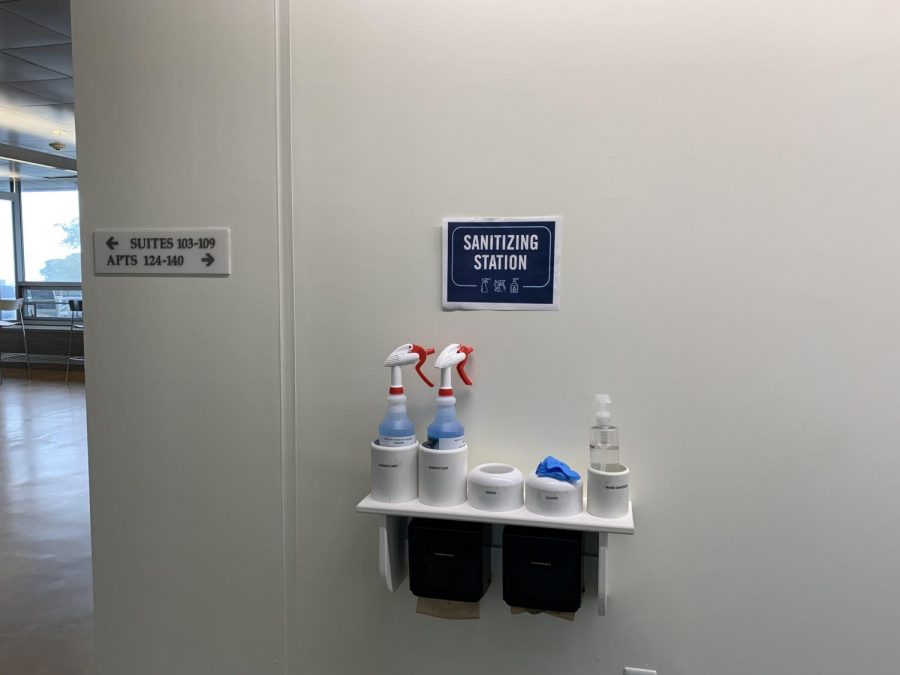 Due to COVID-19 guidelines and regulations, academic buildings and residence halls have cleaning stations so students and faculty can make sure they keep shared surfaces clean.