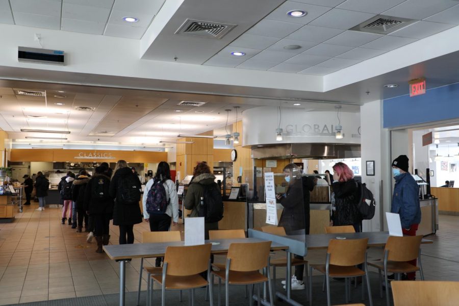 Multiple students dining in Upper Commons as breakfast came to a close on Feb. 10 were sitting by themselves or in sets of two. Students were able to dine there in-person in pods of four or less.