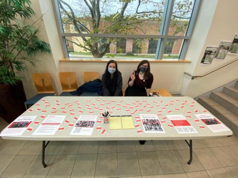 Sophia Hess, left and Sophie Speliopoulos, right, at a table time on Friday, Nov. 12 for their Human Rights Advocacy Seminar. 