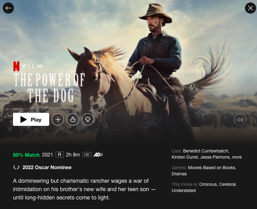 The Power of the Dog cover shot on Netflix. A man sits on a horse.