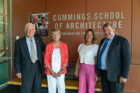 Bill and Joyce Cummings (left) join President Ioannis Miaoulis and his wife, Heidi Maes (right), at the dedication of the RWU Cummings School of Architecture last year.