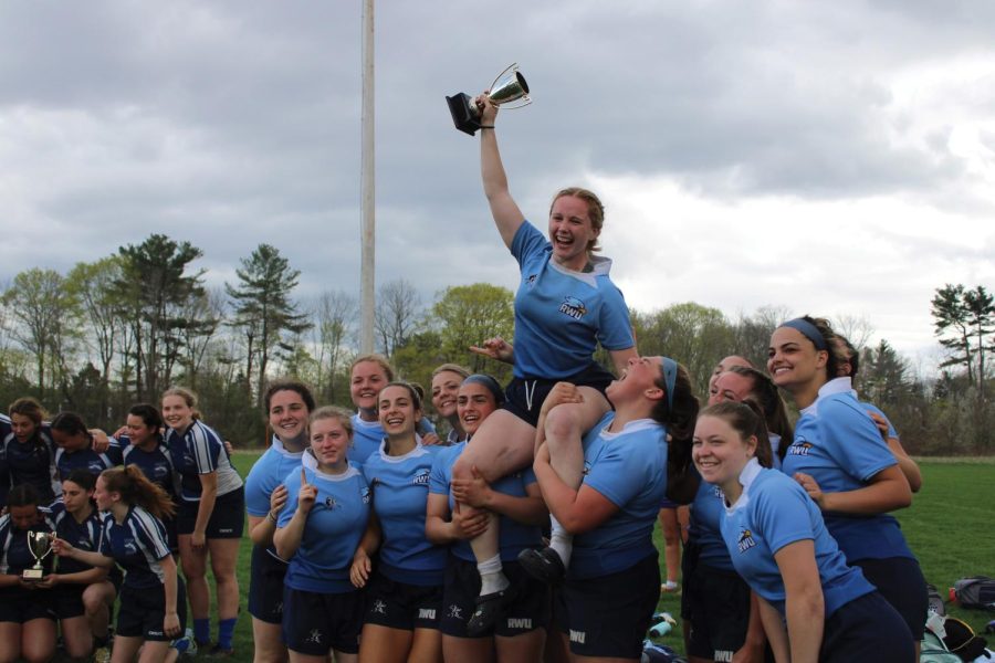 RWU Womens Rugby team celebrating after another victory. 