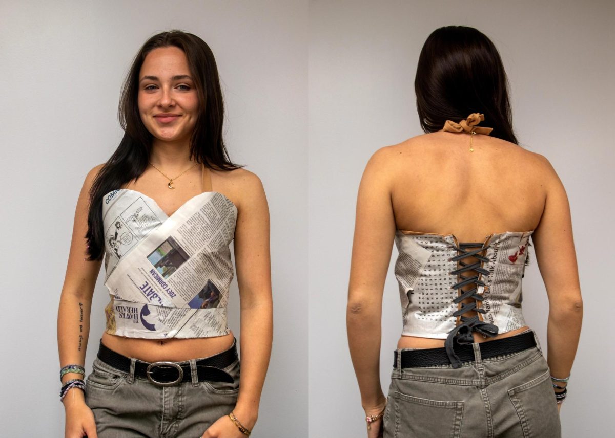Sarah Strzegowski wearing a top made from newspaper.
