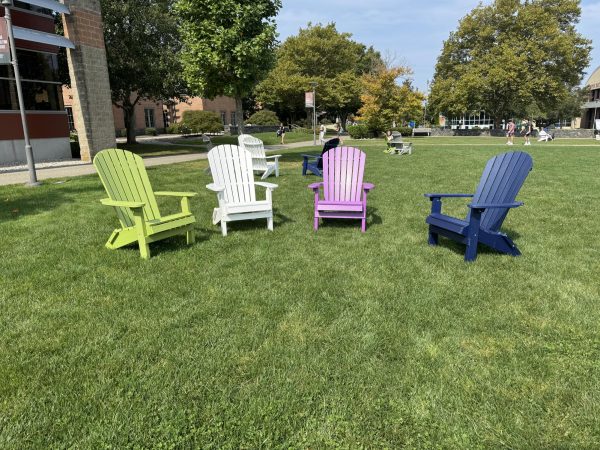 Adirondack chairs located in the D'Angelo Quad.